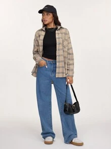 SHEIN BASICS Casual Woven Plaid Lapel Long Sleeve Loose Fit Women Blouse - Khaki - View 4