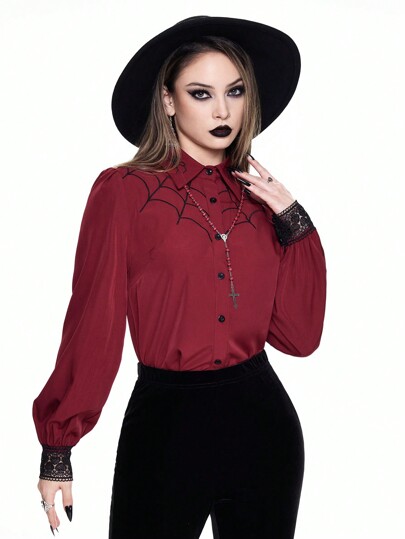 Goth Blouse femme bordeaux avec broderie de toile d'araignée gothique, peut être portée en tant que couche intérieure