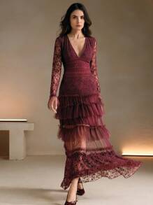 Anewsta Women's Black V-Neck Lace Long Cocktail Dress For Party Events Burgundy Maxi Women Outfit