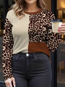 SHEIN LUNE 女士豹纹拼色上衣休闲圆领大码 T 恤 - 彩色 - 查看 1