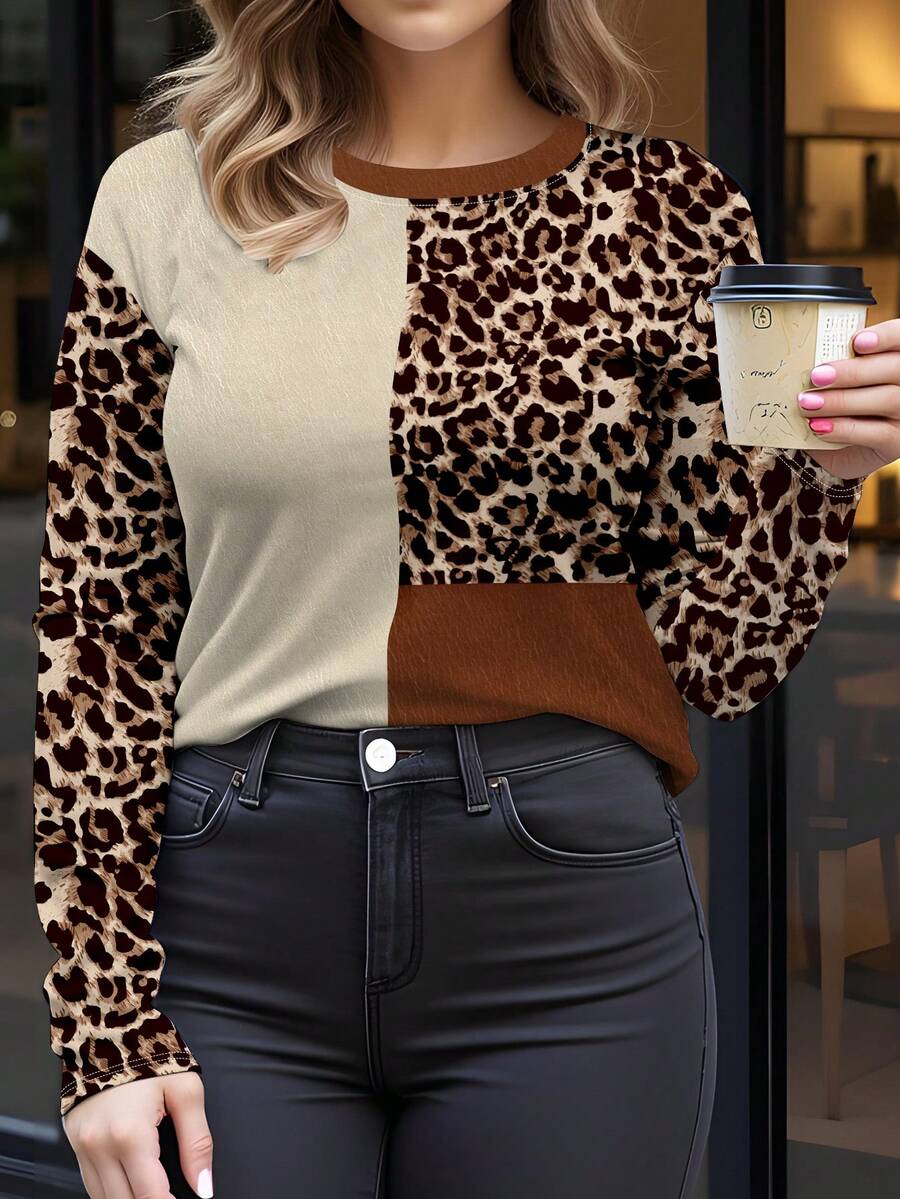 SHEIN LUNE 女士豹纹拼色上衣休闲圆领大码 T 恤 - 彩色 - 查看 1
