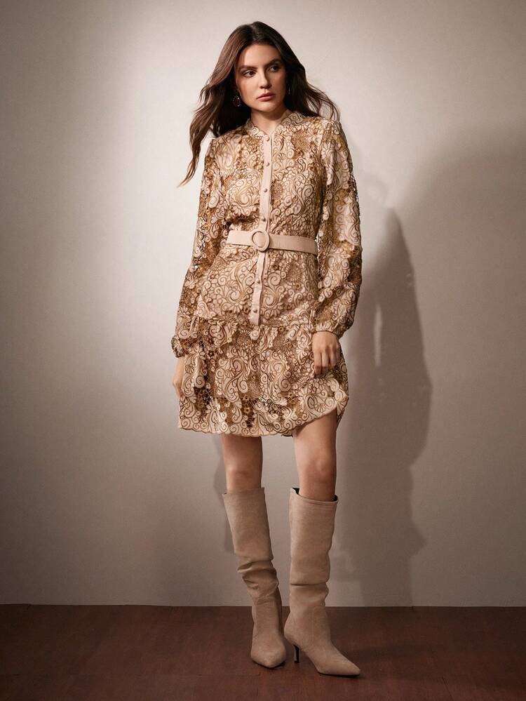 Women's Autumn Fashion Midi Dress With Embroidery & Hollow Design