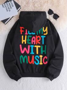 Manfinity VCAY بلوزة هودي كتف منسدل مطبوعة بالحروف مبرزة، بلوزة هودي طويلة الأكمام للخروج باللون الأسود، هدايا للأصدقاء والزوج والحبيب، مناسبة للخريف والشتاء