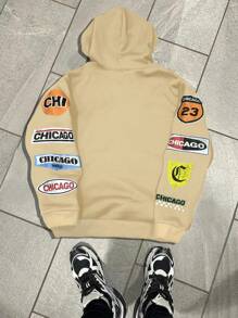 Manfinity EMRG Sudadera con capucha de manga larga con cordón, con estampado de letras informal, para hombre de talla grande, otoño - Albaricoque - Ver 2