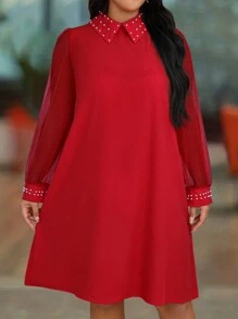 SHEIN Clasi Plus Size Solid Color Beaded Decoration Lapel Mesh Stitching Long Sleeve Dress For New Year Clothes - Red - View 3