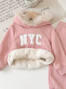 2 件装女婴针织毛绒羊毛保暖可爱 3D 耳朵字母刺绣连帽衫运动衫和保暖内衬裤套装，适合外出、派对等场合，秋冬季 - 粉色 - 查看 4
