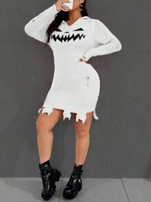 Flirla Plus Size Autumn And Winter Casual Everyday Halloween Expression Pattern Hooded Sweater Dress - White - View 5