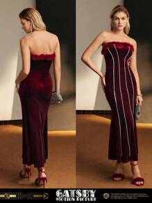 The Great Gatsby x MOTF 天鹅绒蓬松边饰水钻细节美人鱼下摆筒形晚礼服 - 酒紅色 - 查看 11