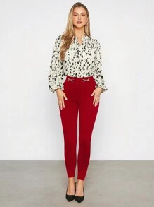 BizChic Quần legging co giãn màu trơn có chi tiết xích, đồng phục làm việc - Đỏ - Xem 3
