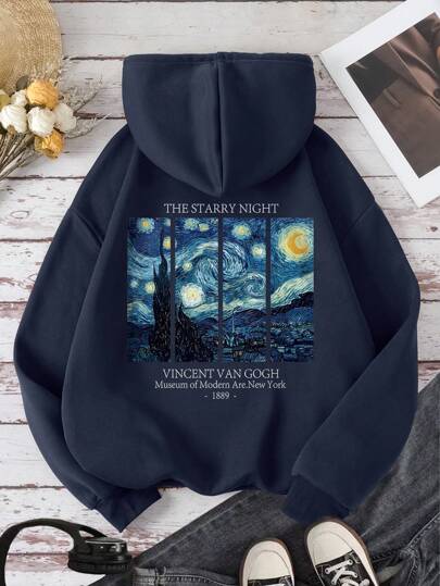 INAWLY Women's Navy Blue Sweatshirt With Van Gogh Starry Sky Print, Autumn/Winter,Long Sleeve Tops Graduation,Back To School Outfits,Graduation,Teacher Outfits For Women,Back To School Pullover Fall Outfit, Christmas
