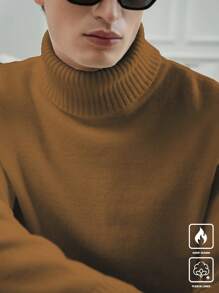 Manfinity Hypemode Solid Color High Neck Casual Pullover Long Sleeve Knitted Sweater - Bronze - View 3