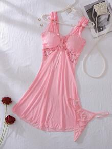 فستان بسيور سباغيتي ثنائي اللون بشريط دانتيل رومانسي مزخرف بالأزهار، سروال أوشحة, ملابس داخلية نسائية مثيرة بابيدول