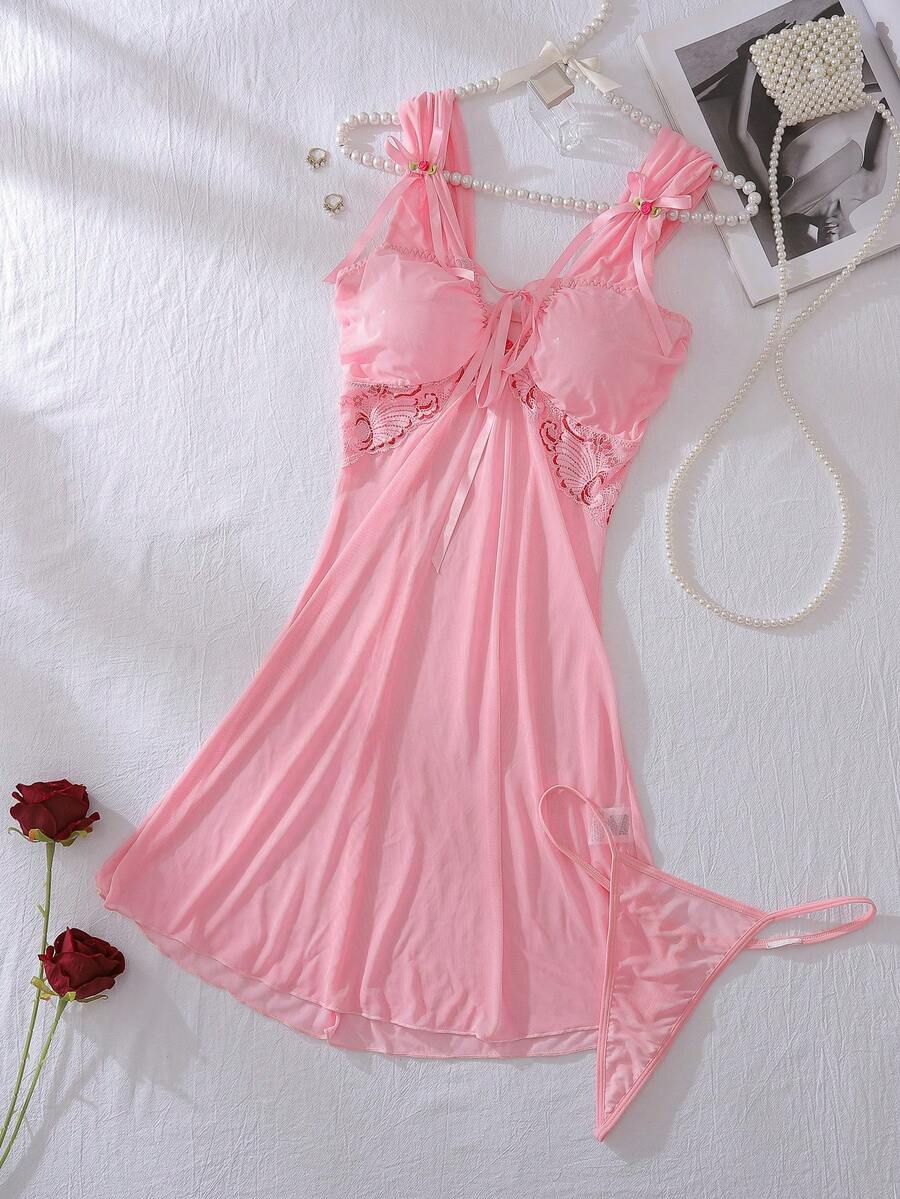 فستان بسيور سباغيتي ثنائي اللون بشريط دانتيل رومانسي مزخرف بالأزهار، سروال أوشحة, ملابس داخلية نسائية مثيرة بابيدول