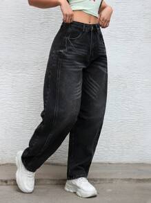 SHEIN EZwear Women Fashionable Distressed Banana-Fit Baggy Denim Jeans