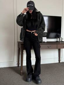 Dazy Star Women's Drop Shoulder Long Sleeve Single-Breasted Pocket Loose Casual Hooded Denim Jacket, Autumn - Black - View 7