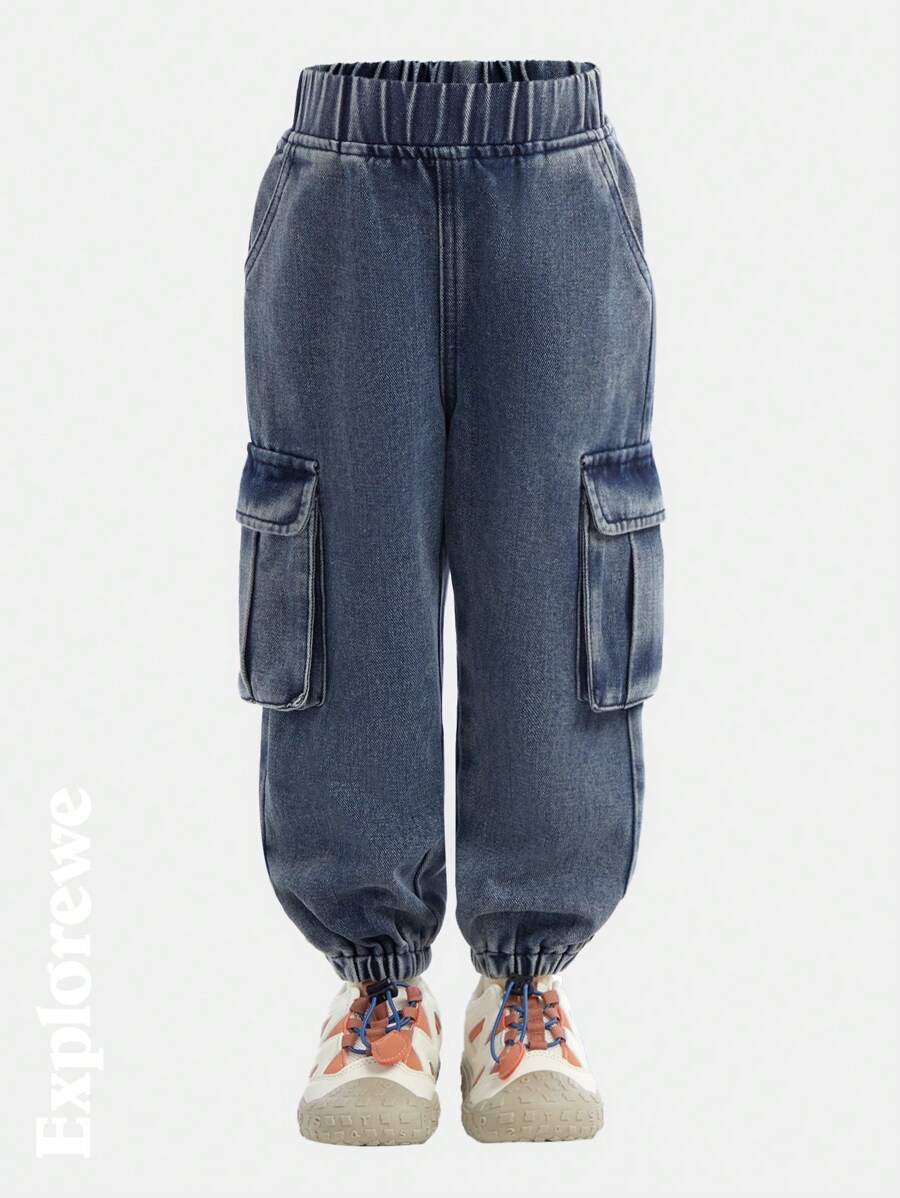 SHEIN 小男孩春秋时尚休闲洗水多口袋牛仔裤 - 藍色 - 查看 1
