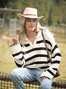 LanaWest Damen Oversized V-Ausschnitt gestreifter locker gestrickter Pullover, lässiger College-Stil für Herbst/Winter Strickpullover - Schwarz und Weiss - Übersicht 6