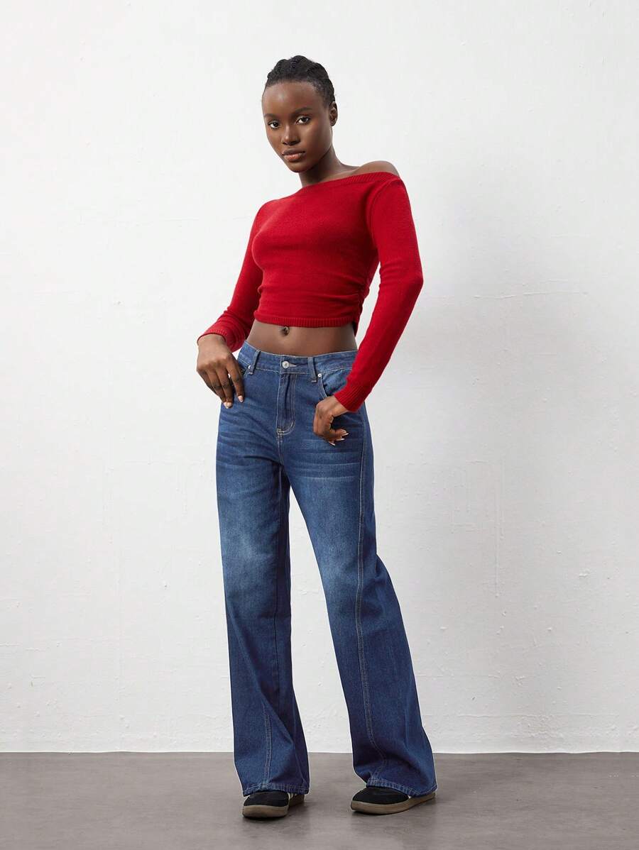 SHEIN Unity Jeans rectos de cintura baja lavados informales - Azul lavado oscuro - Ver 1