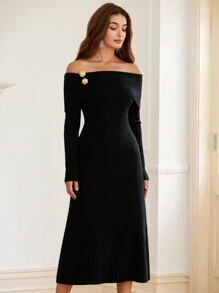 Aveloria Women Off-Shoulder 3D Floral Sweater Dress, Autumn/Winter Fall Cloth For Women - Black - View 6