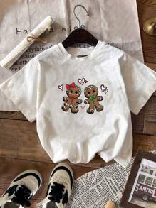 INAWLY Áo thun họa tiết Giáng sinh dễ thương hình cặp đôi bánh gừng, in họa tiết nơ cho bé gái dành cho nữ Áo thun họa tiết cho nữ - trắng - Xem 1