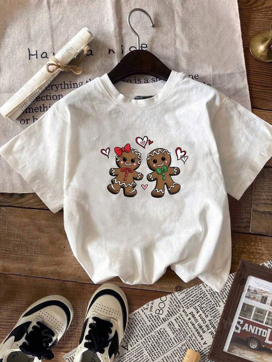 INAWLY Áo thun họa tiết Giáng sinh dễ thương hình cặp đôi bánh gừng, in họa tiết nơ cho bé gái dành cho nữ Áo thun họa tiết cho nữ - trắng - Xem 1