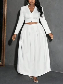 Slaydiva Elegant & Party & Gathering & Date Plus Size White Solid Color V-Neck A-Line Hem Blouse And Skirt Set - C - White - View 6