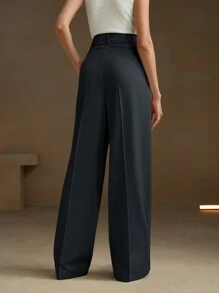 Anewsta Black Urban Chic Casual Loose Straight Waist Belted Suit Pants