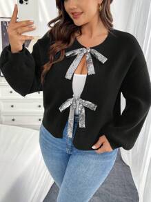 SHEIN Essnce Plus Size Women's Fall Women Outfits Warm Clothes Fashion Casual Commuting Elegant Lantern Sleeve Long Sleeve Bowknot Fall Sweaters Thanksgiving Sweater Winter Sweater Plus Sweater Long Sleeve Sweater Cute Sweater Black Sweater Cardigan