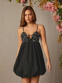 L'Amorae Winter Women Clothes, Women's Elegant Diamond Decor Floral Embellished Sleeveless Black Mini Bubble Dress With Spaghetti Straps. For Date Night, Performances, Music Festivals, Parties, Clubs, Holidays, Evening, Formal Dress