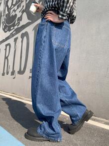Manfinity Hypemode Men's Dark Blue Vintage Washed Denim Wide Leg Casual Pants