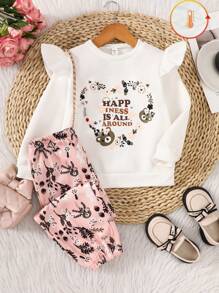 2 件羊毛保暖套装，包括：可爱熊和复古花卉印花运动裤 + 宽松熊和心形印花长袖上衣，适合年轻女孩 - 粉色 - 查看 1