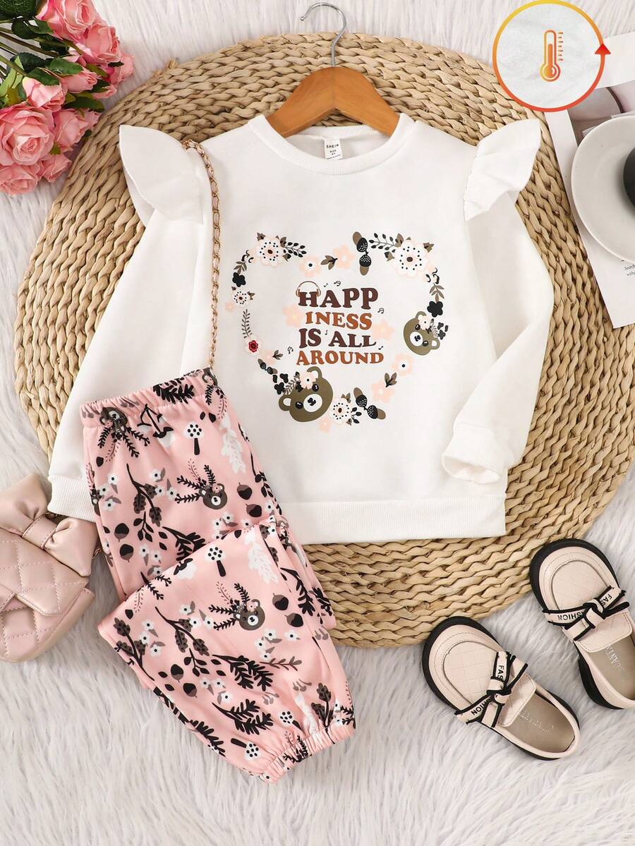 2 件羊毛保暖套装，包括：可爱熊和复古花卉印花运动裤 + 宽松熊和心形印花长袖上衣，适合年轻女孩 - 粉色 - 查看 1