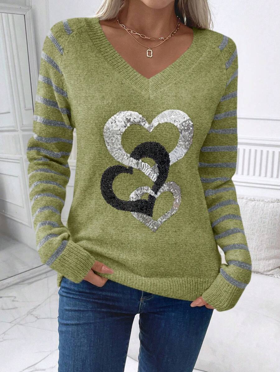 SHEIN LUNE Áo len nữ cổ chữ V kẻ sọc phối màu tương phản, họa tiết trái tim đính sequin, kiểu dáng thường ngày, thích hợp mặc mùa thu đông. - màu xanh lá - Xem 1