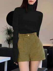 DAZY Áo thun cổ lọ màu trơn ôm vừa vặn dành cho nữ, phù hợp với thời tiết xuân, hè và thu, áo dài tay dành cho nữ, quần áo mùa thu cho nữ - màu đen - Xem 3