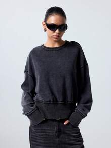 LYSMO Áo nỉ tay dài cổ tròn trễ vai màu trơn cho lễ Ramadan dành cho cả nam và nữ - Màu xám đen - Xem 3