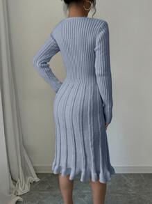 Elenzga Women's Solid Color Front Button Long Sleeve Simple Casual Sweater Dress - Grey - View 2