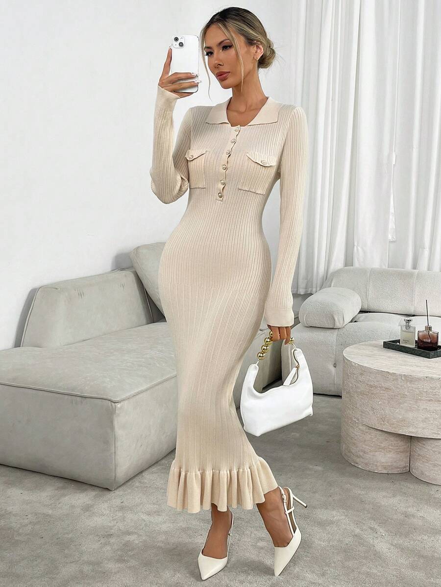 Chiquease Ruffle Trim Long Sleeve Knitted Dress, Slimming Effect, Autumn/Winter - Apricot - View 1