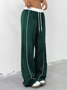 StreetHx Quần âu cạp cao buộc trước màu trơn dành cho nữ, thiết kế tối giản để mặc hàng ngày - Màu xanh lá cây đậm - Xem 5