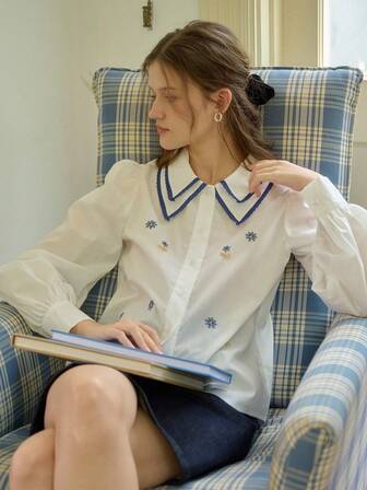 Simple Retro Camicia elegante da donna in stile vintage con colletto Pèter Pan, colletto a contrasto, ricamata, bianca, a maniche lunghe e vestibilità aderente, per l'autunno e l'inverno