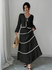 Selianne 2 件套：法式优雅灯笼袖圆领波浪荷叶边蝴蝶结衬衫 + 裙子