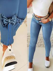 Women's Skinny Back Slit Bow Decor Jeans - Light Wash - View 1