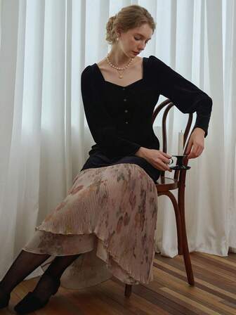 Simple Retro Abito lungo in velluto da donna con scollo quadrato, stampe patchwork