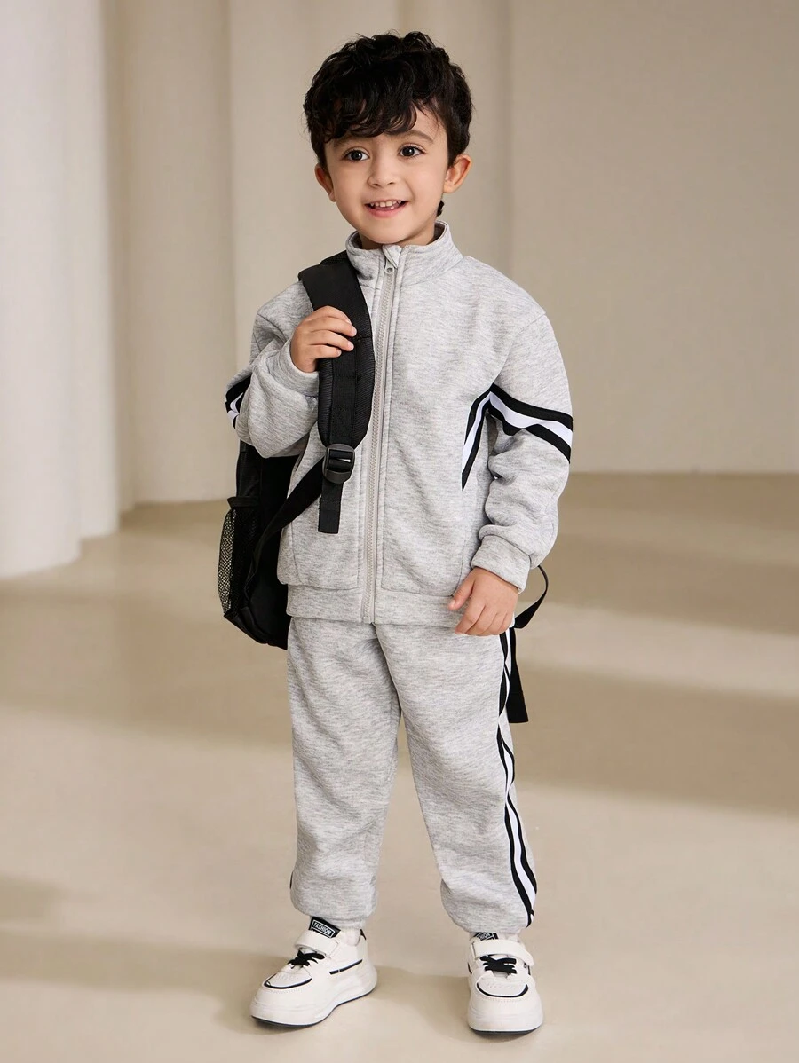 SHEIN Young Boy 4-7 Years Old Warm Fleece Lined Sports Suit,Back-To-School Casual Tracksuit,Winter Career Day Long Sleeve Jacket And Pants Set Jogging Suit - Multicolor - View 1
