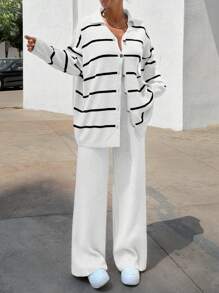 EURMUSE Women Striped Sweater Cardigan And Pant Set - White - View 4