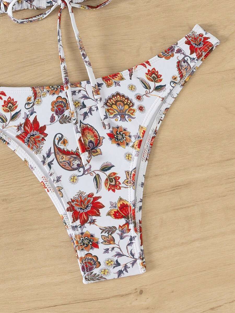 2pcs/Set Women Random Print Front Tie Ruched Triangle Top And High