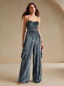 Anewsta 2 件套天鹅绒银箔吊带上衣和宽松连帽口袋工装裤 - 灰色 - 查看 6