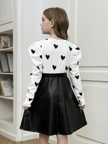 SHEIN Leap Crew فستان بنمط قلب مصنوع من الأكريليك بأكمام طويلة وياقة مستديرة، مع قطع من البولي يوريثان في الأسفل بتصميم خط A مع حزام، مناسب للارتداء اليومي، العودة إلى المدرسة، المناسبات غير الرسمية، للارتداء في فصلي الخريف والشتاء، مناسب لارتداء في عيد الميلاد