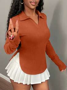 Slaydiva Women's Casual Solid Color Side Slit Fitted T-Shirt, Autumn