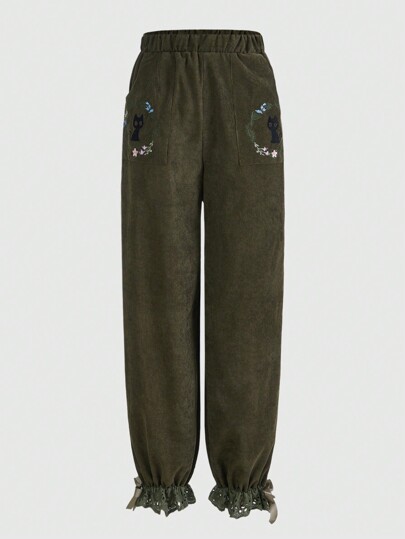 Fairycore Countryside Style Cat & Flower Embroidery Lace Trim Drawstring Pants