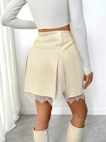 Chiquease Women PU Leather & Contrast Lace Mini Skirt, Casual Vacation